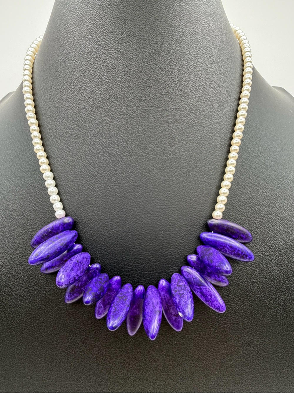 Purple Stone and Pearl Statement Necklace 18 inches